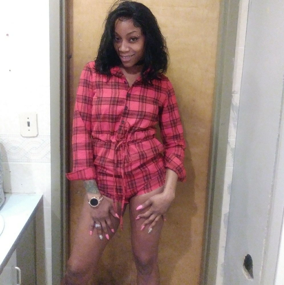 Red black plaid collared drawstring romper